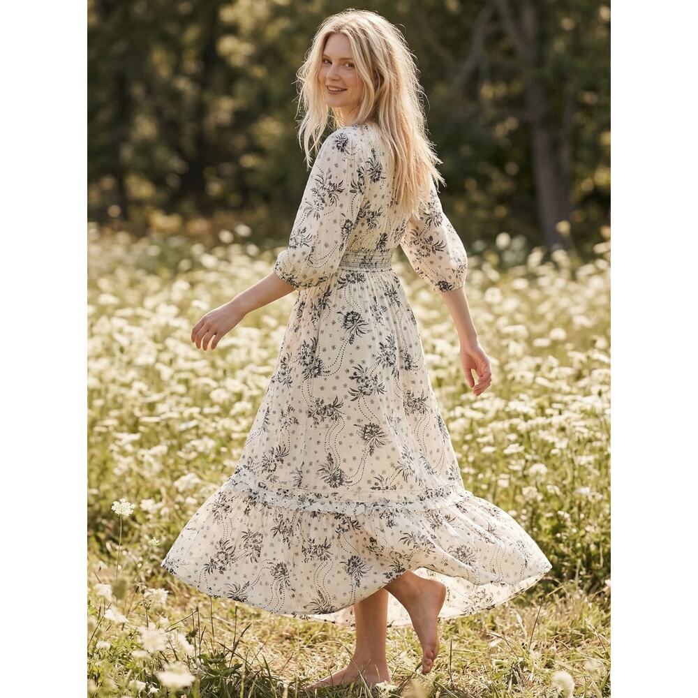 Free People Bohemian Billowy Ethereal Floral Golden Hour Maxi Dress Ivory Medium - Picture 2 of 12